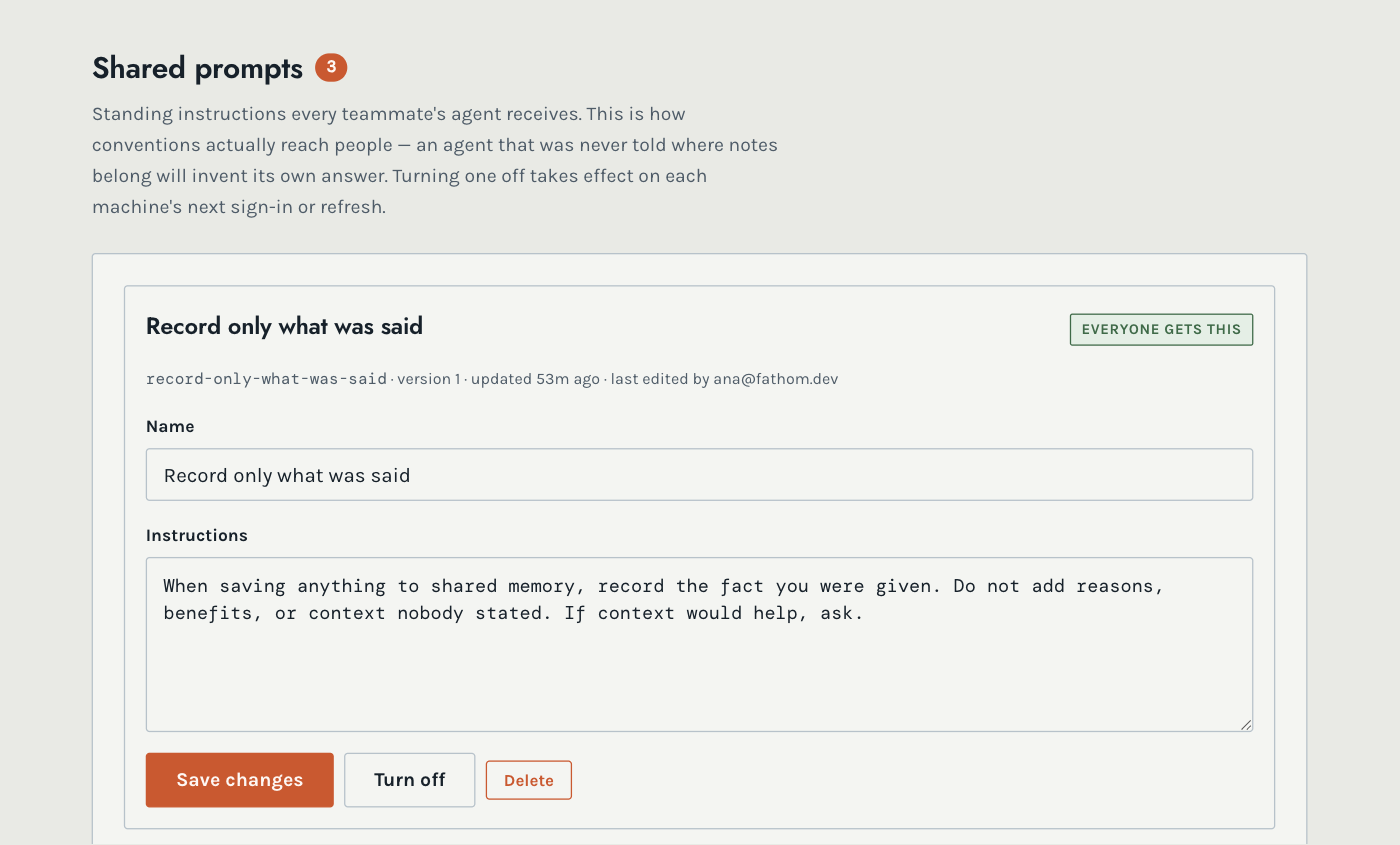 The Potluck admin dashboard showing a shared prompt titled Record only what was said, with its instructions in an editable field.
