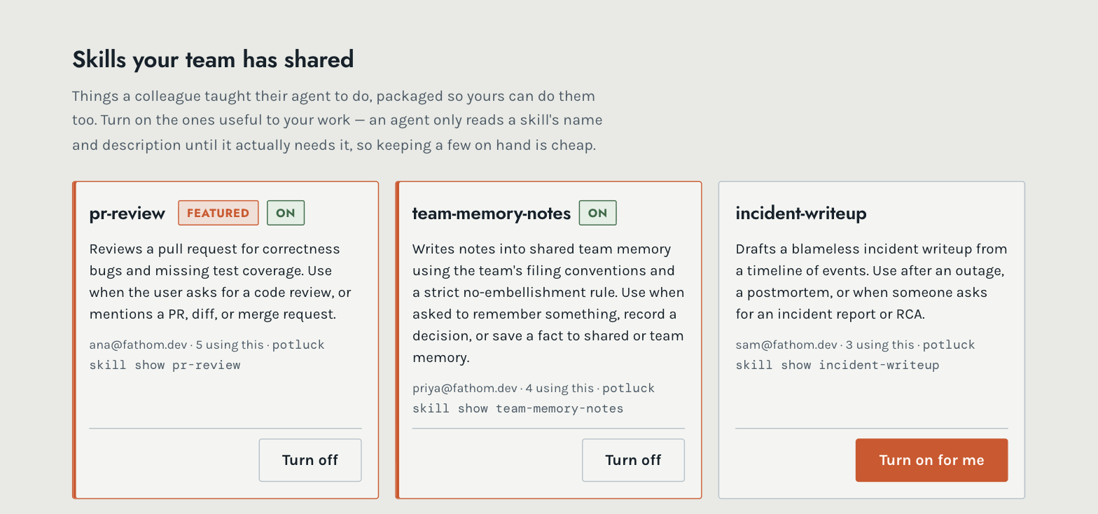 The Potluck skill library: cards for pr-review, team-memory-notes and incident-writeup, each showing a description, its author, and how many teammates use it.